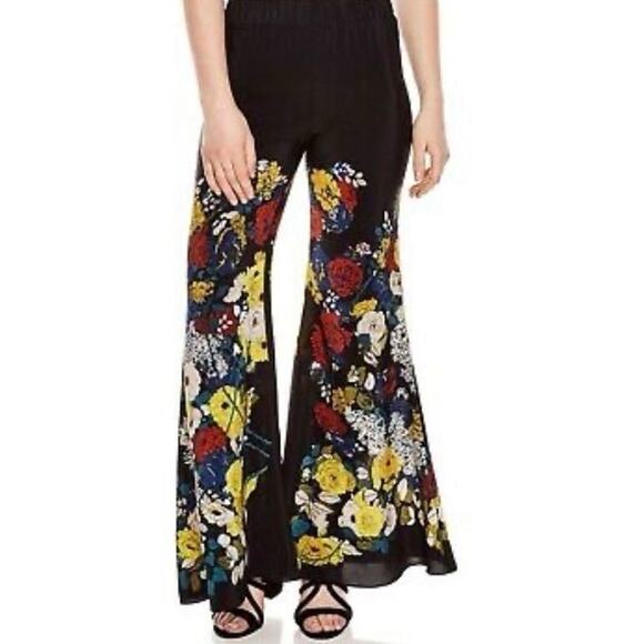 Sz 1 Sandro Paris Women's Bell Bottoms Flared Printed 100% Silk Floral Pants - Picture 1 of 15
